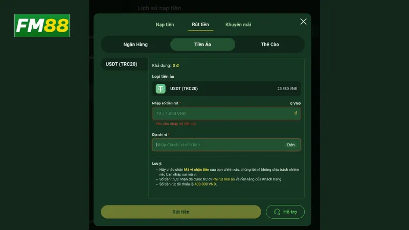 Quy trình rút tiền fm88